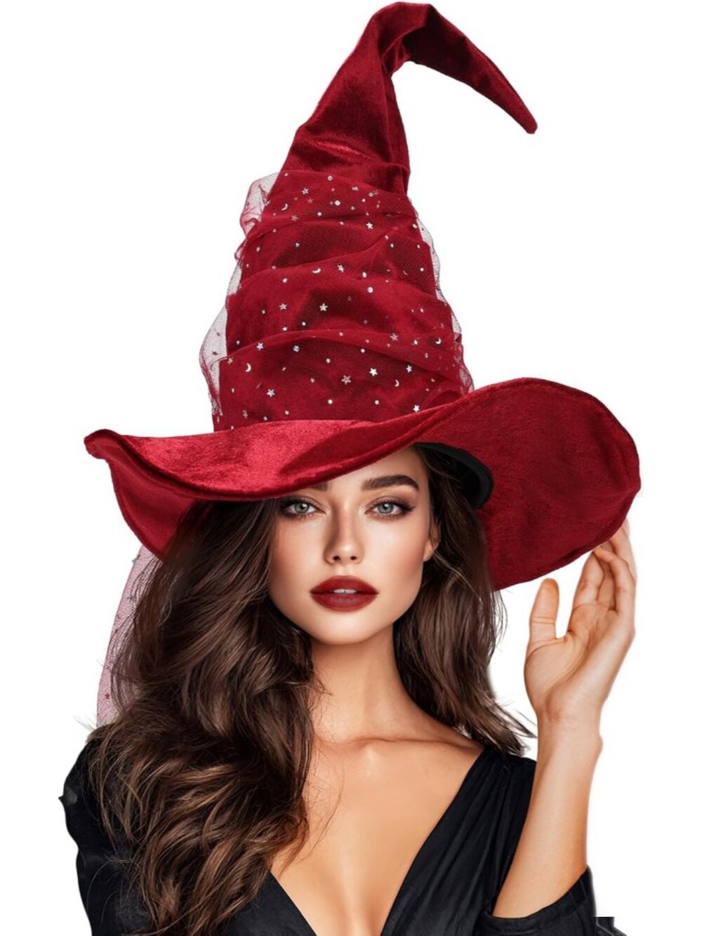 Vintage Wine Velvet With Mesh Witch Hat for Women Halloween Costume Accessory